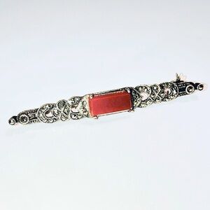 VTG Art Deco Sterling Carnelian & Marcasite Brooch Pin 2.5”